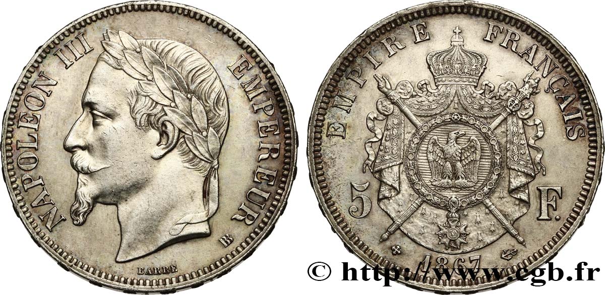 5 francs Napoléon III, tête laurée 1867 Strasbourg F.331/11 AU58 