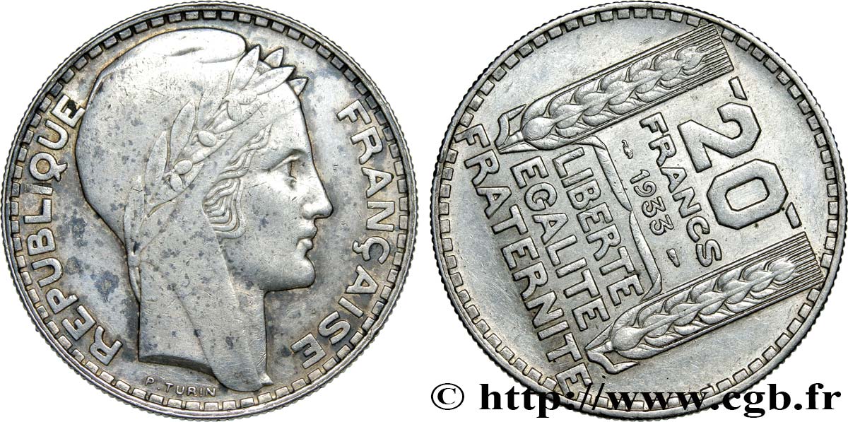 Fautée de 20 francs Turin, rameaux longs, Coin Tournés à 3h 1933  F.400/5 MBC 