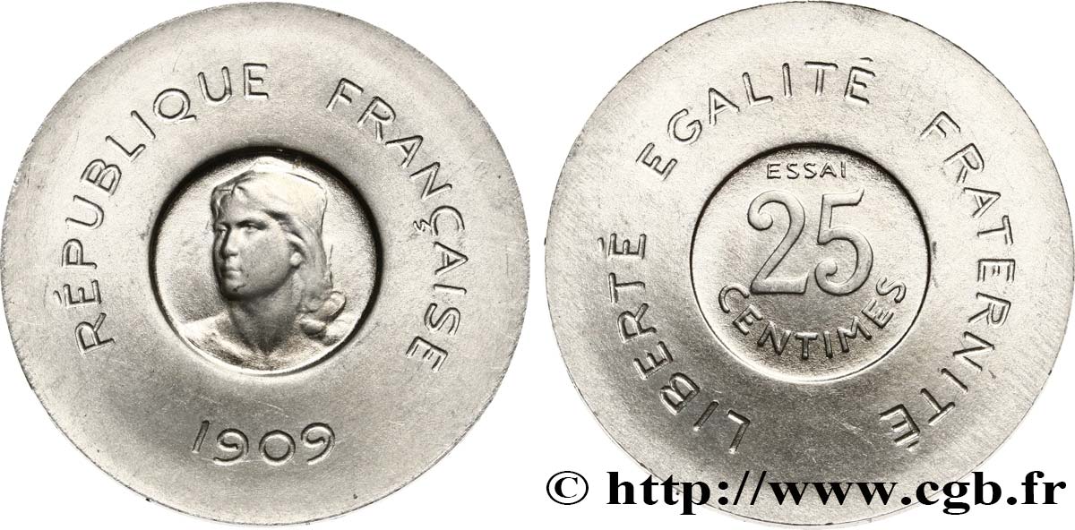 Essai de 25 centimes Rude en aluminium 1909 Paris GEM.65 2 SC63 