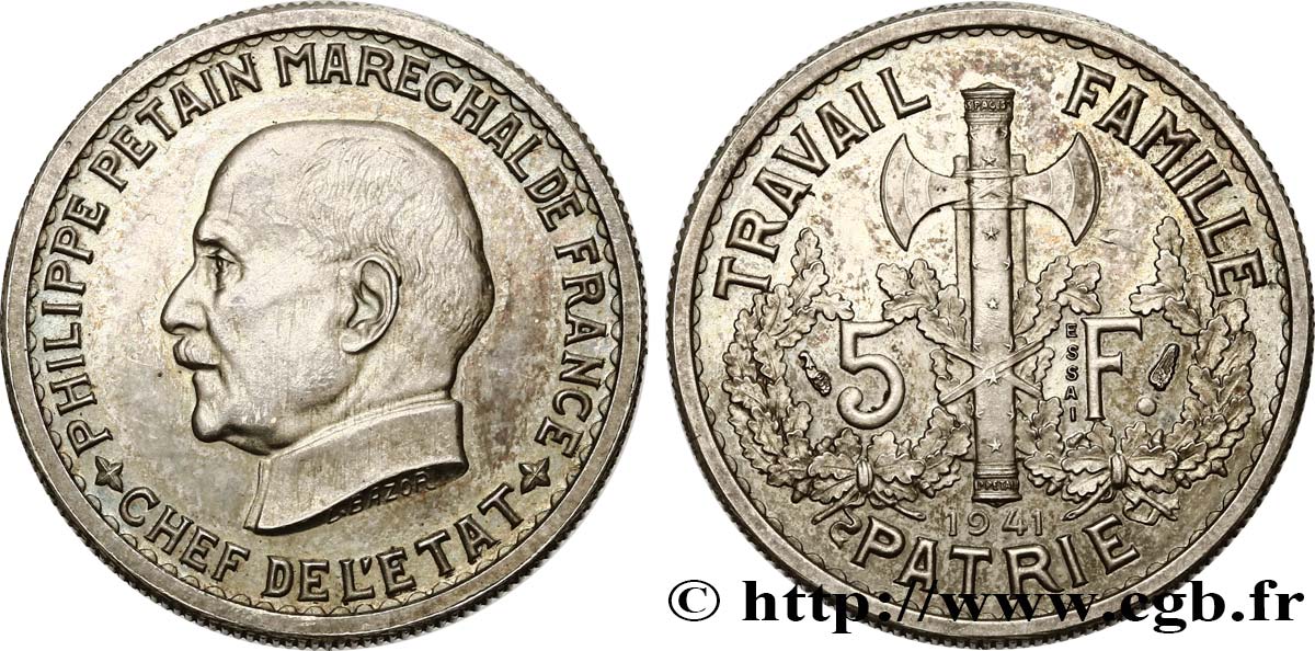 Essai - piéfort de 5 francs Pétain Type 1 en cupro-nickel 1941 Paris GEM.142 EP1 MS 