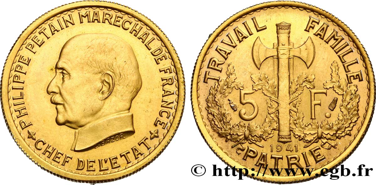 Épreuve sans le mot ESSAI de 5 francs Pétain en aluminium doré, 1er projet de Bazor 1941 Paris GEM. 142 9 var. SPL63 