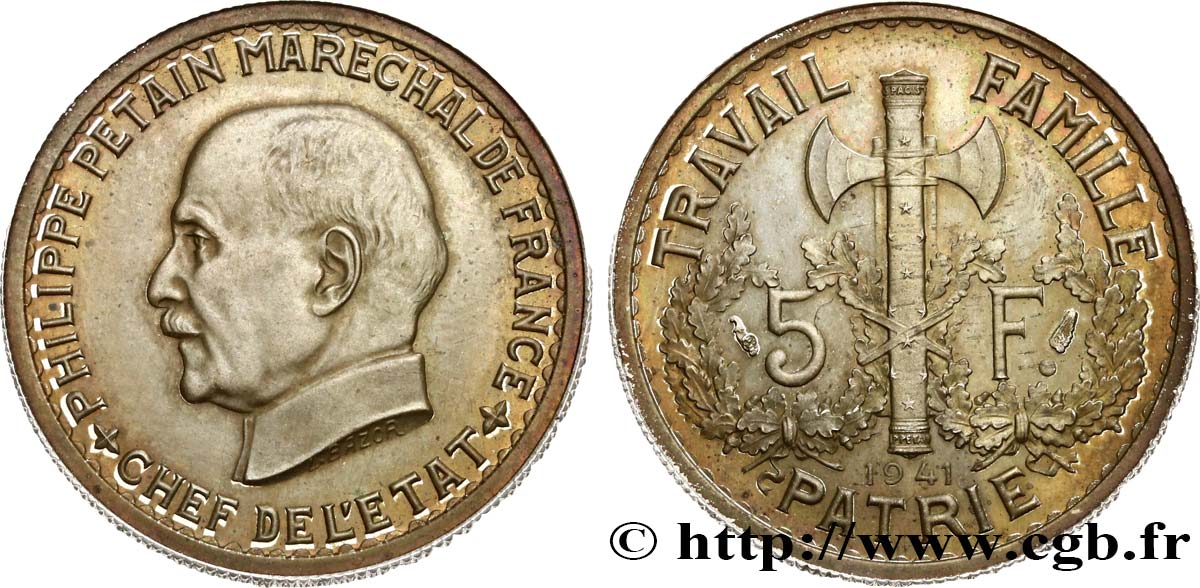Épreuve sans le mot ESSAI de 5 francs Pétain en aluminium bronzé, 1er projet de Bazor 1941 Paris GEM. 142 9 var. SC63 