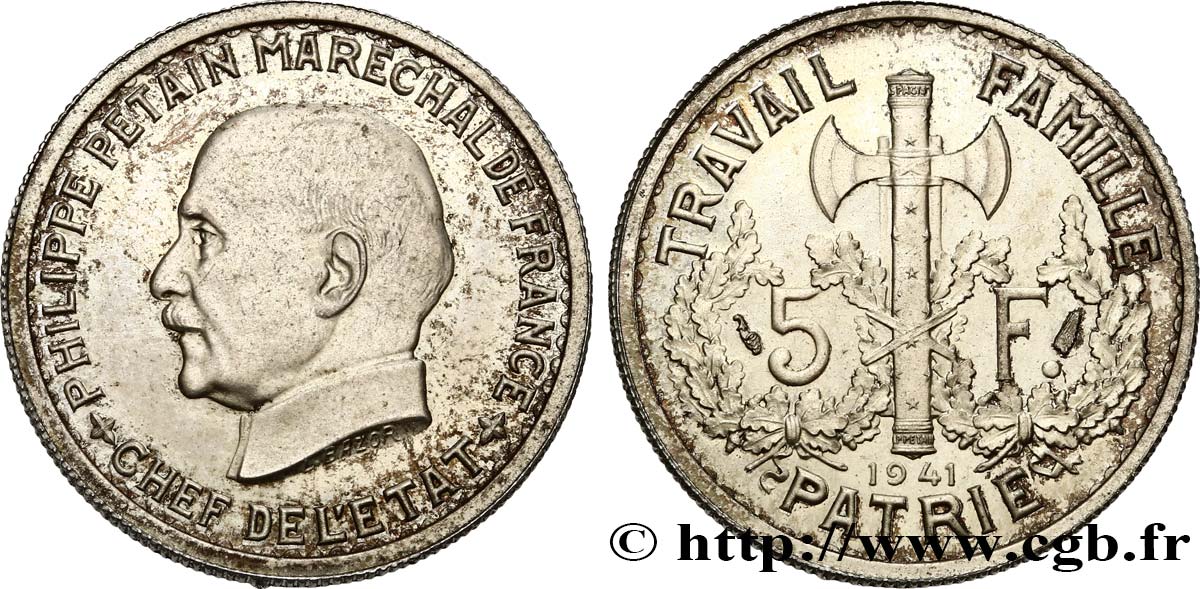 Épreuve sans le mot ESSAI de 5 francs Pétain en aluminium, 1er projet de Bazor 1941 Paris GEM. 142 9 var. SC63 
