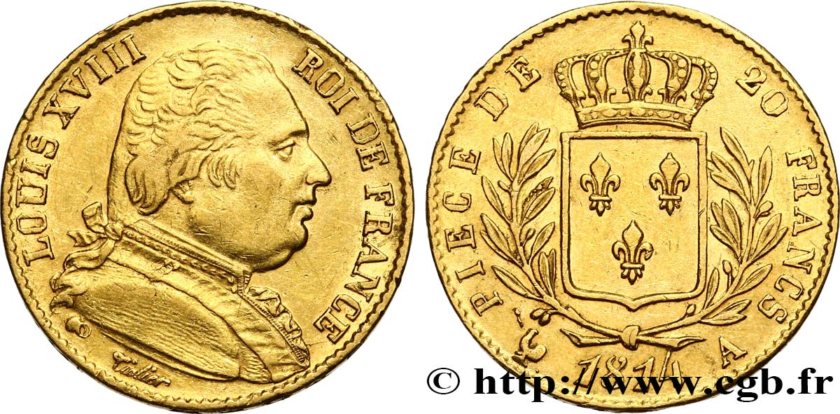 20 francs or Louis XVIII, buste habillé 1814 Paris F.517/1 TTB48 