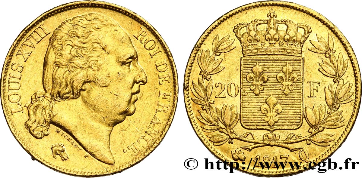 20 francs or Louis XVIII, tête nue 1817 Perpignan F.519/8 AU 