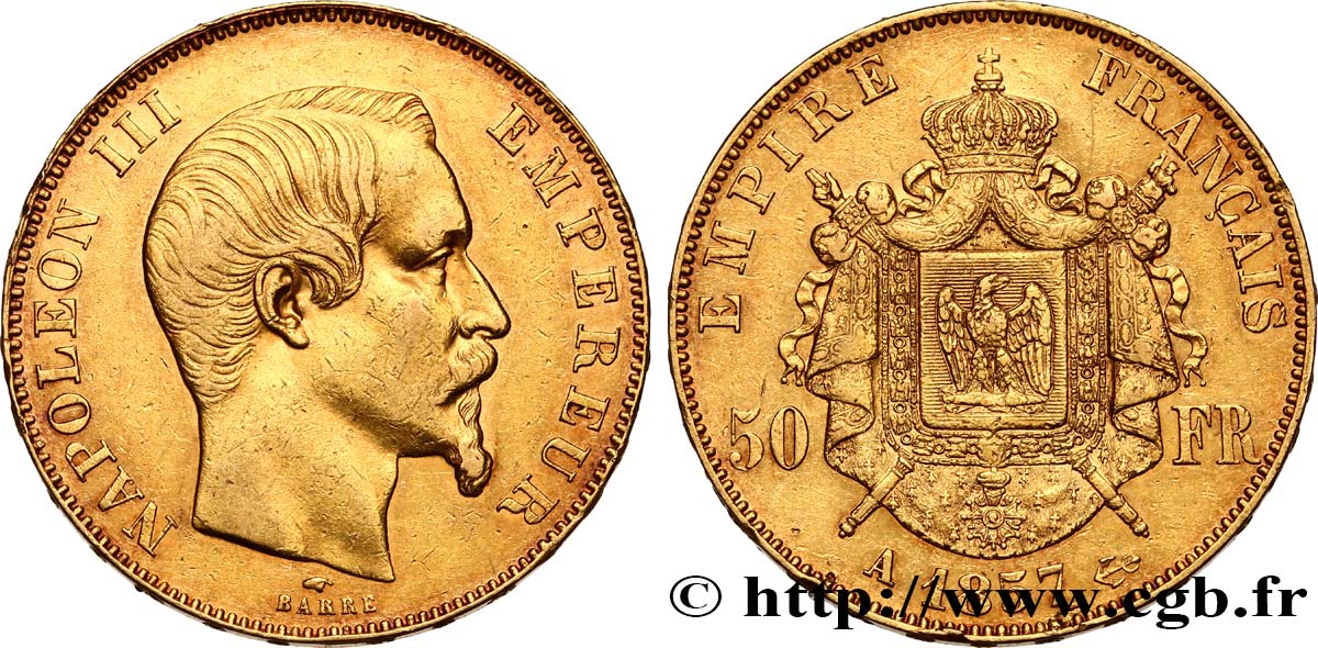 50 francs or Napoléon III, tête nue 1857 Paris F.547/4 BB50 