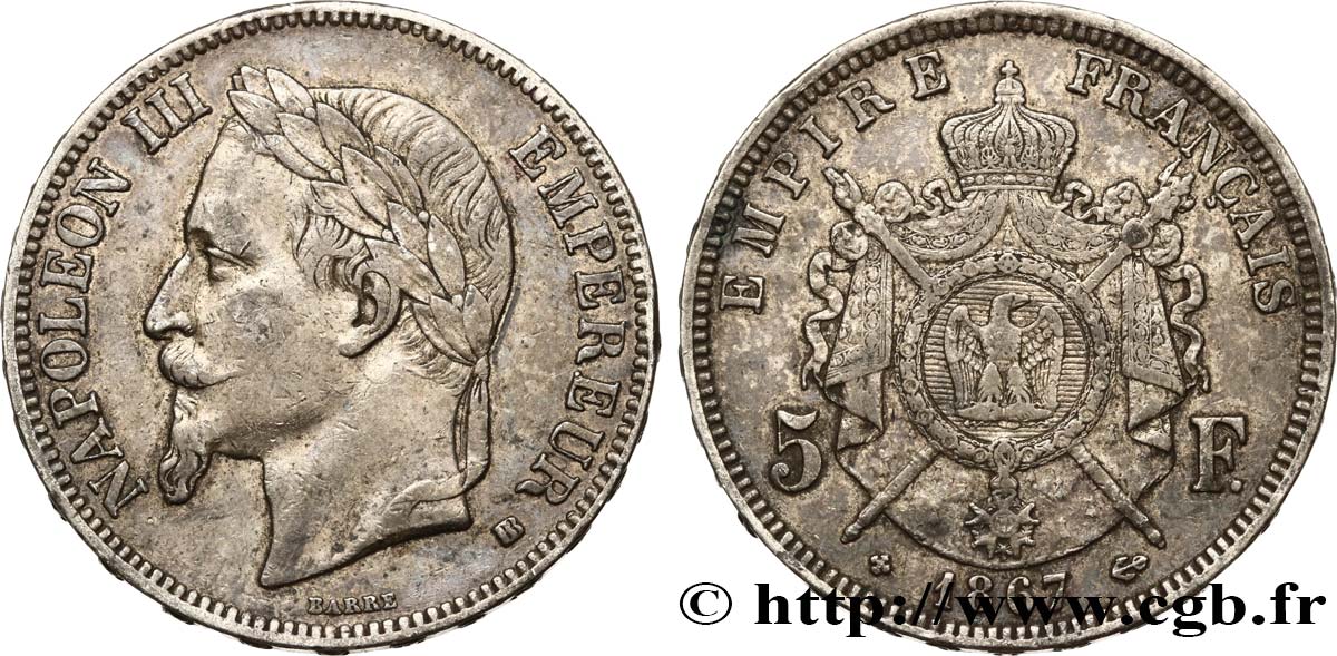 5 francs Napoléon III, tête laurée 1867 Strasbourg F.331/11 SS40 