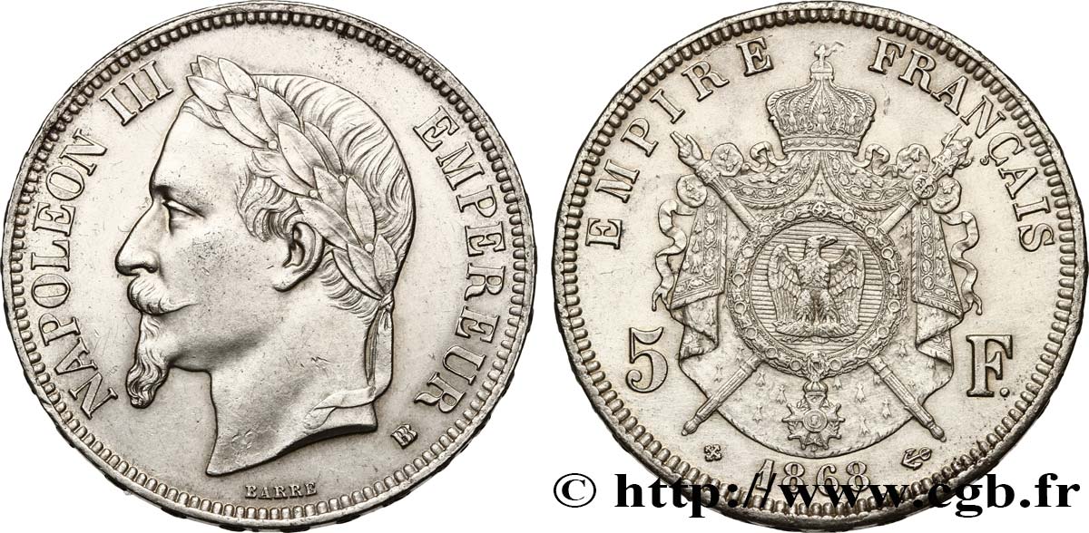 5 francs Napoléon III, tête laurée 1868 Strasbourg F.331/13 EBC55 