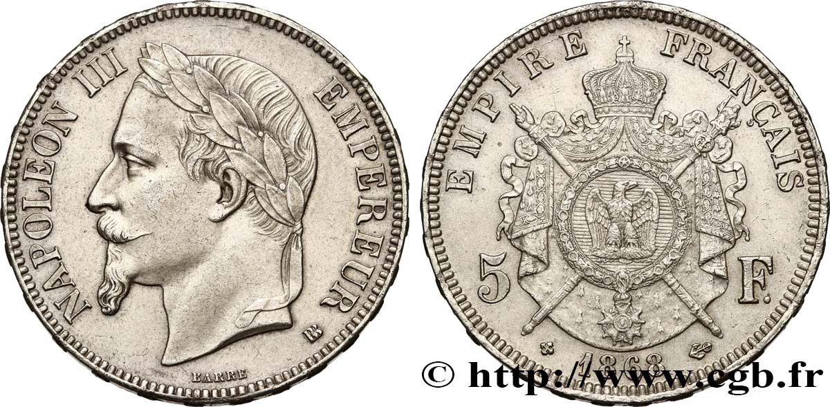 5 francs Napoléon III, tête laurée 1868 Strasbourg F.331/13 EBC58 