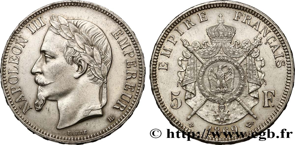 5 francs Napoléon III, tête laurée 1869 Strasbourg F.331/15 VZ58 