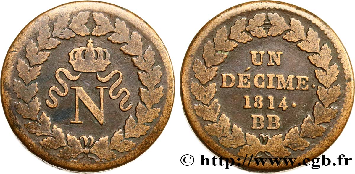 Un décime à l’N couronnée 1814 Strasbourg F.131/3 TB15 