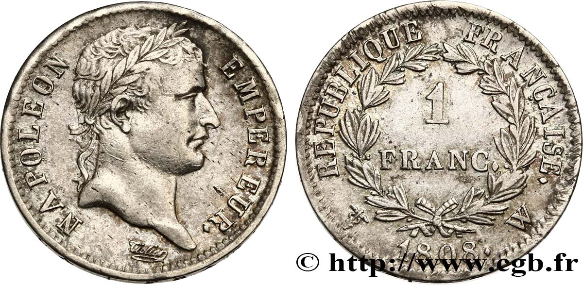 1 franc Napoléon Ier tête laurée, République française 1808 Lille F.204/15 MBC 