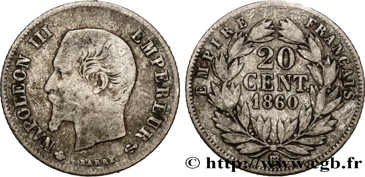 20 centimes Napoléon III, tête nue 1860 Strasbourg F.148/16 S20 