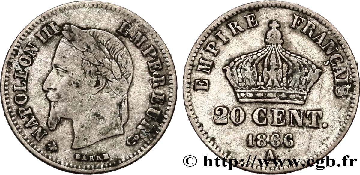 20 centimes Napoléon III, tête laurée, petit module 1866 Paris F.149/4 VF25 