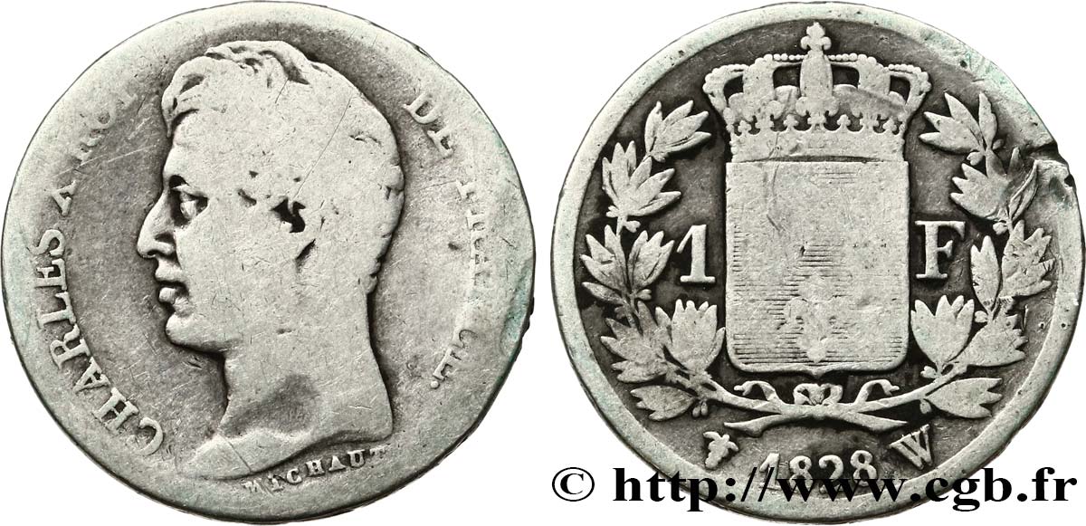 1 franc Charles X, matrice du revers à cinq feuilles 1828 Lille F.207/48 B 