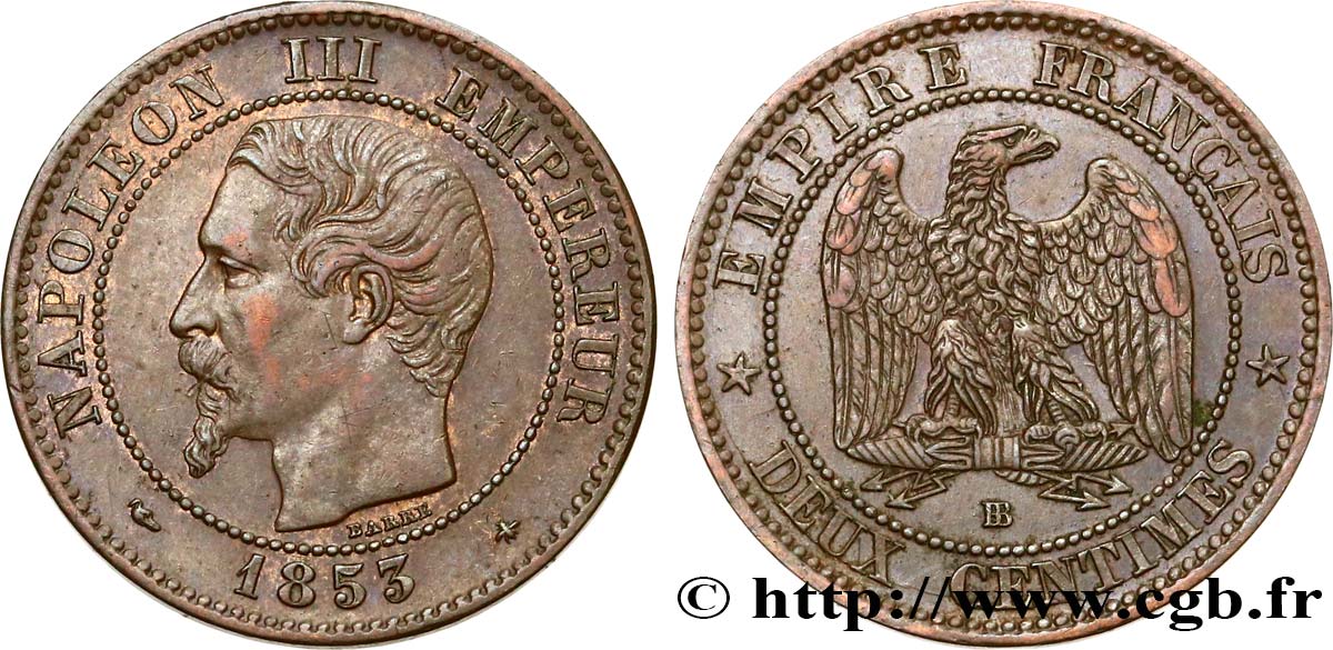 Deux centimes Napoléon III, tête nue 1853 Strasbourg F.107/3 TTB48 