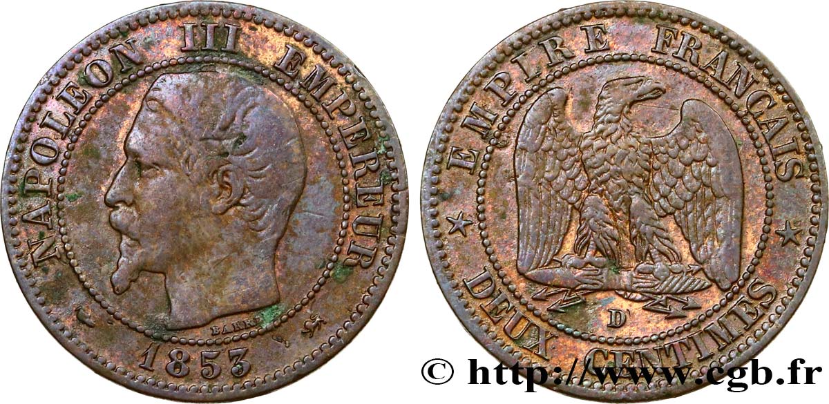 Deux centimes Napoléon III, tête nue 1853 Lyon F.107/5 TB30 