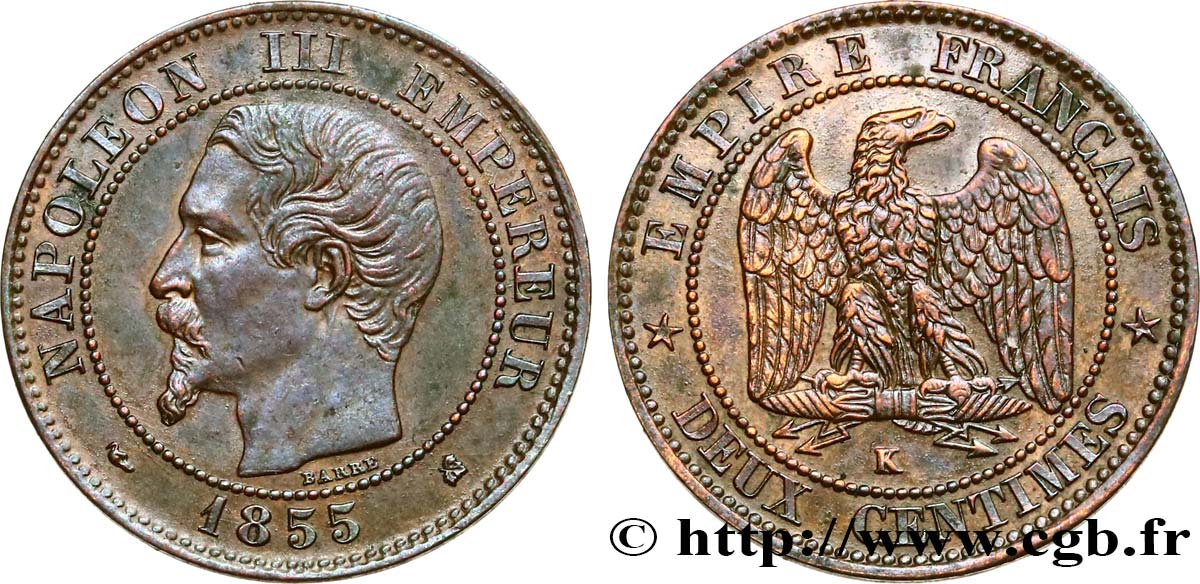 Deux centimes Napoléon III, tête nue 1855 Bordeaux F.107/33 BB52 