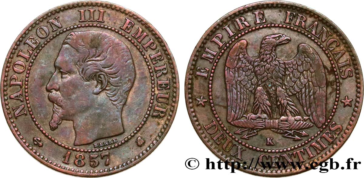 Deux centimes Napoléon III, tête nue 1857 Bordeaux F.107/49 MBC40 