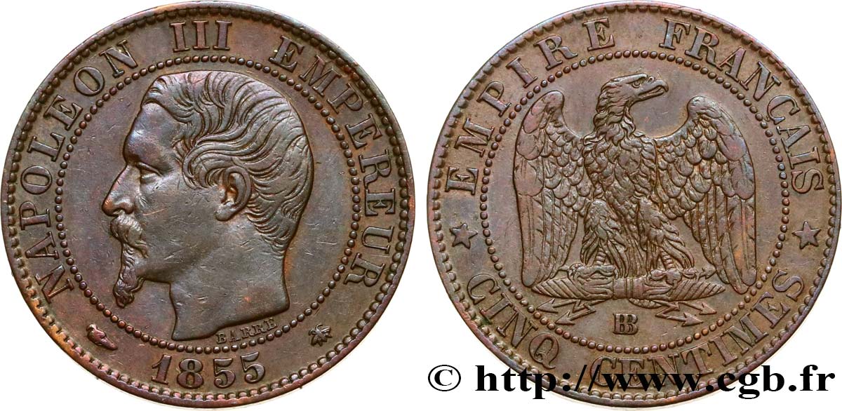 Cinq centimes Napoléon III, tête nue 1855 Strasbourg F.116/20 XF45 