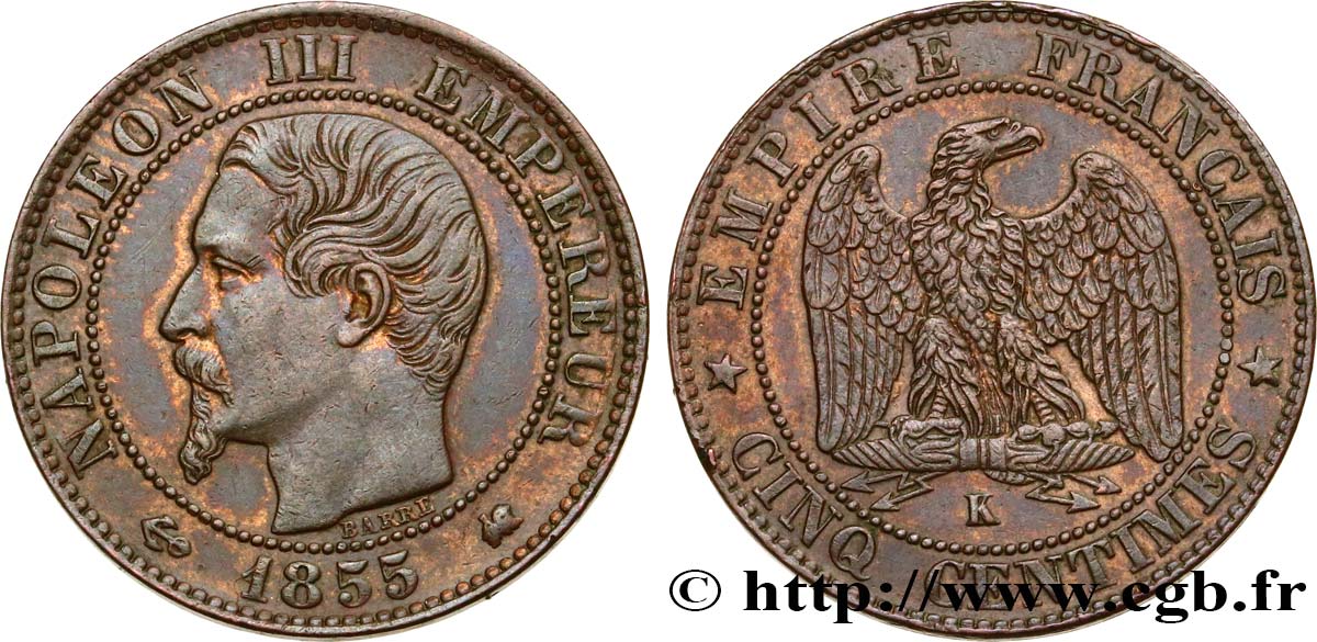 Cinq centimes Napoléon III, tête nue 1855 Bordeaux F.116/25 SUP55 