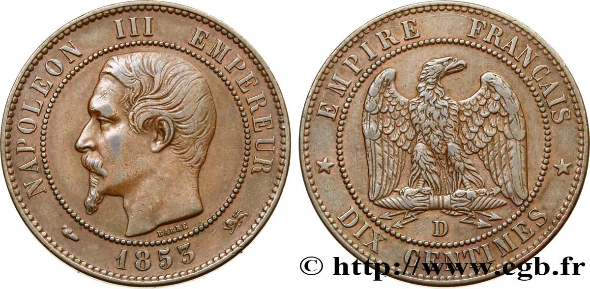 Dix centimes Napoléon III, tête nue 1853 Lyon F.133/5 XF48 
