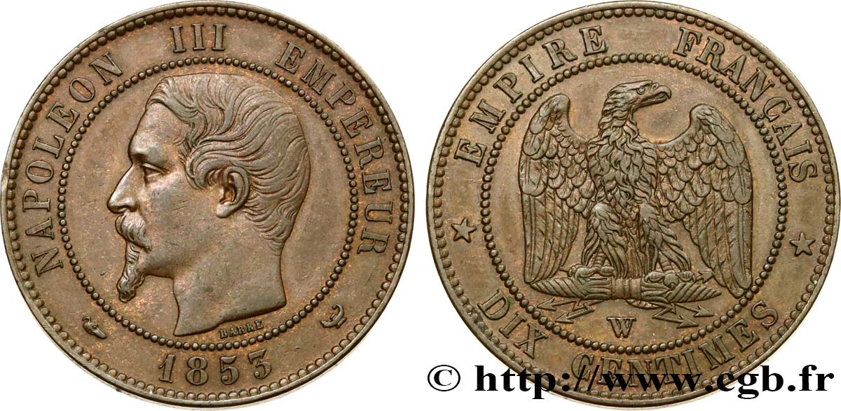 Dix centimes Napoléon III, tête nue 1853 Lille F.133/10 MBC52 