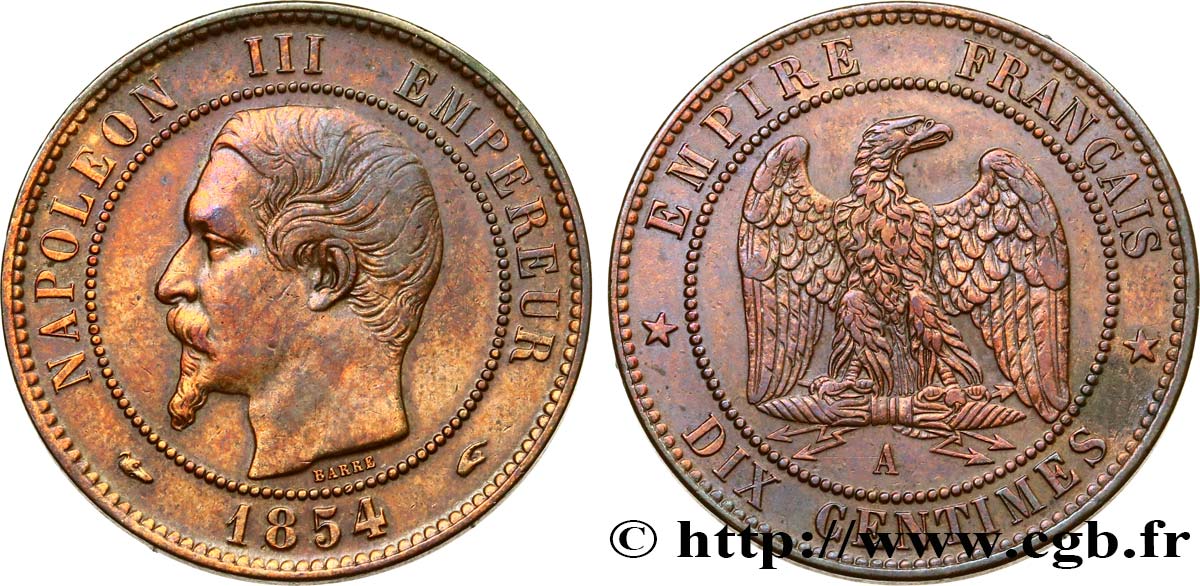 Dix centimes Napoléon III, tête nue 1854 Paris F.133/11 MBC+ 