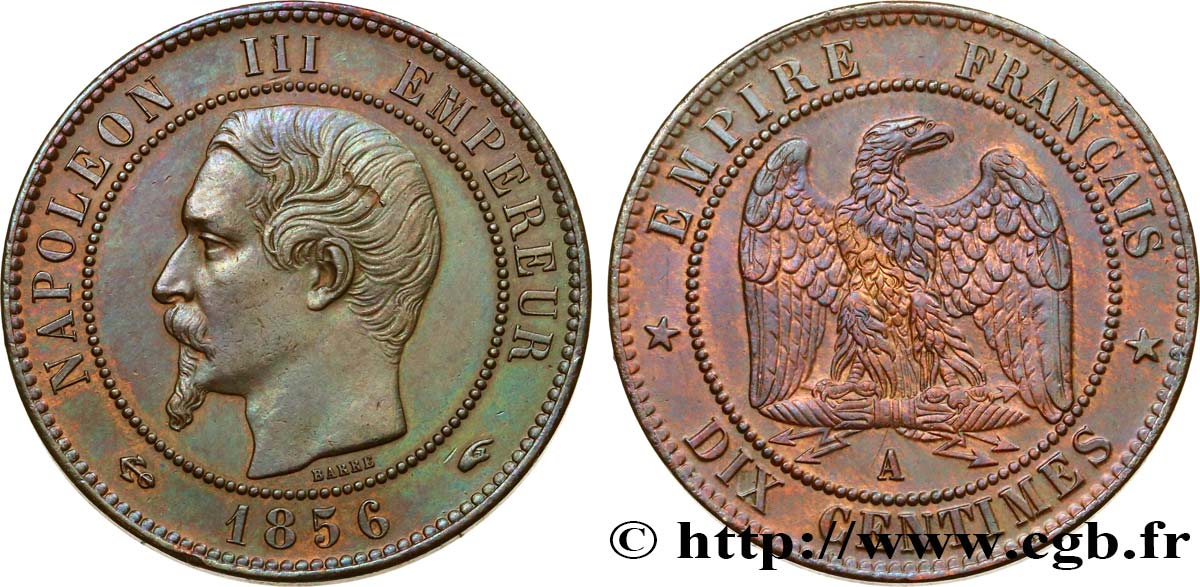 Dix centimes Napoléon III, tête nue 1856 Paris F.133/34 SPL55 