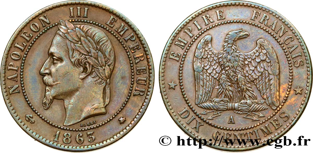 Dix centimes Napoléon III, tête laurée 1863 Paris F.134/10 fVZ 
