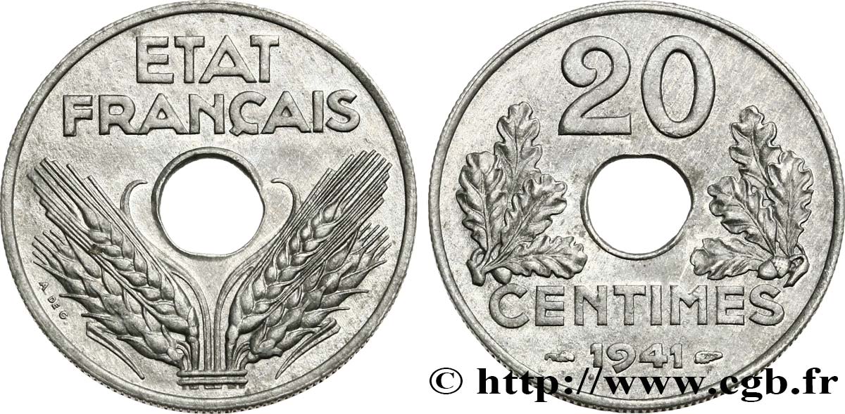 20 centimes État français, lourde 1941  F.153/2 MS60 