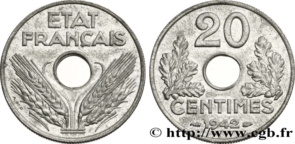 20 centimes État français, lourde 1942  F.153/4 MS60 