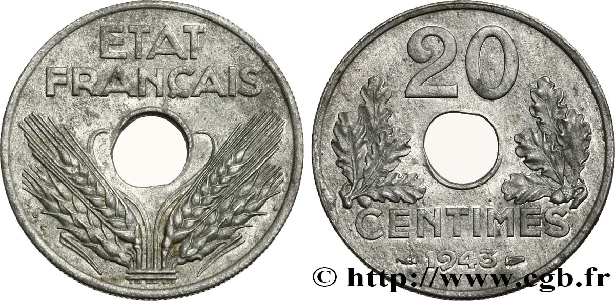 20 centimes État français, légère 1943  F.153A/1 SUP58 