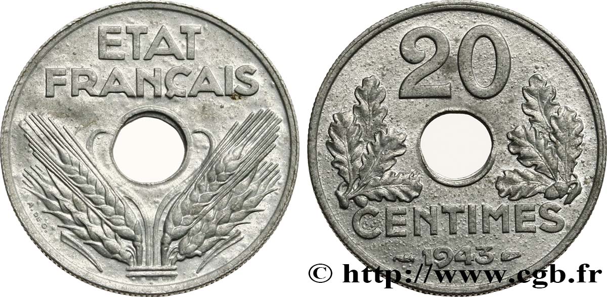 20 centimes État français, lourde 1943  F.153/5 SPL60 