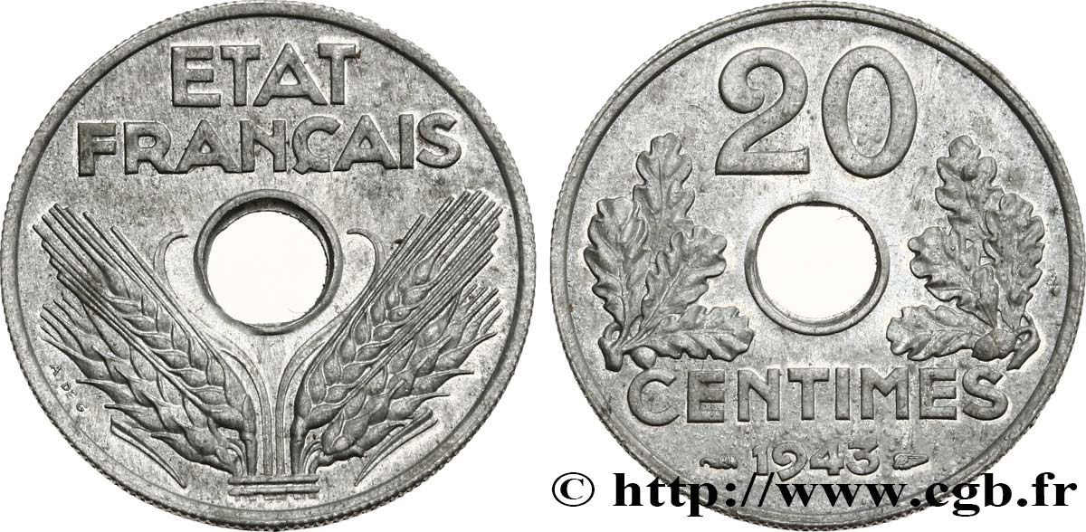 20 centimes État français, légère 1943  F.153A/1 MS60 