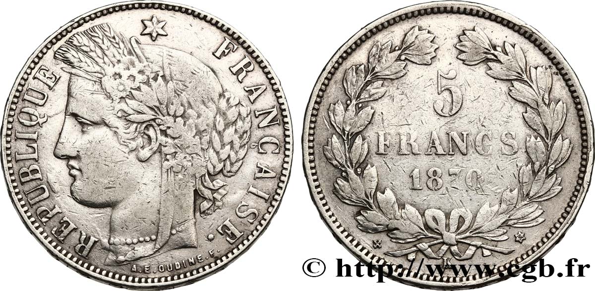5 francs Cérès, sans légende 1870 Bordeaux F.332/7 S20 