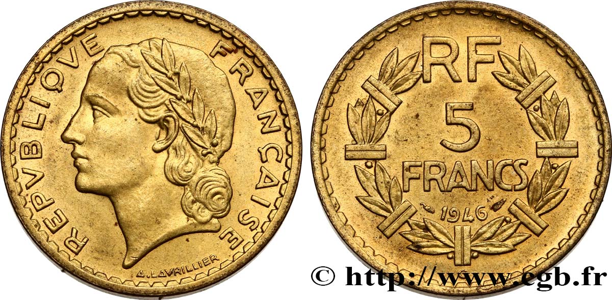 5 francs Lavrillier, bronze-aluminium 1946 Castelsarrasin F.337/8 SPL62 