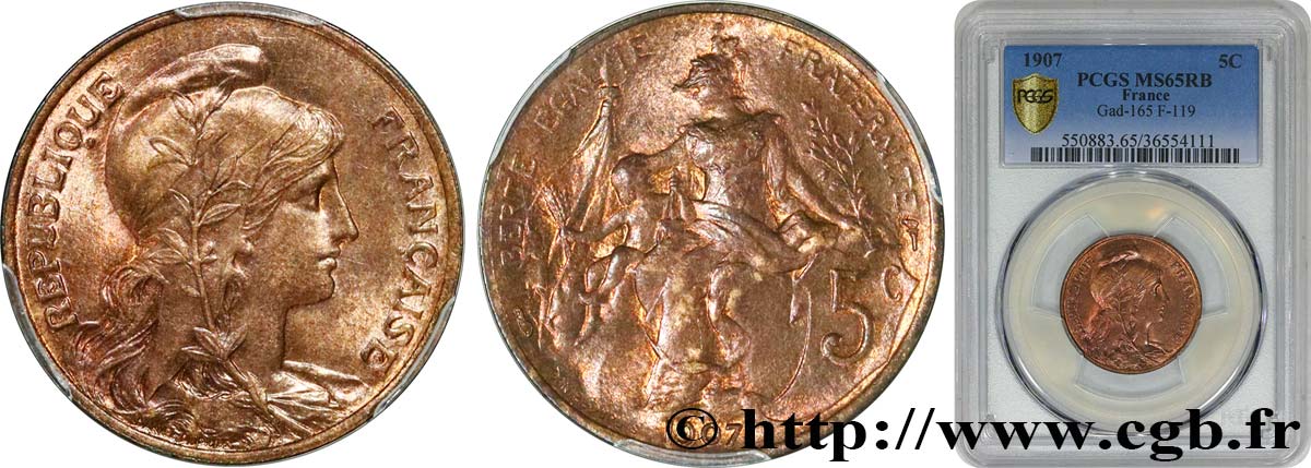5 centimes Daniel-Dupuis 1907  F.119/17 MS65 PCGS