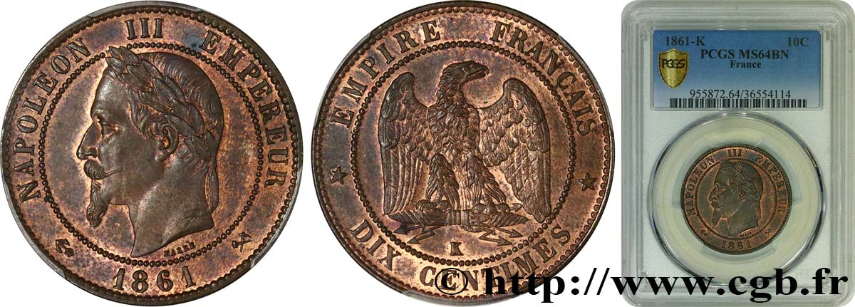 Dix Centimes Napoléon tête laurée 1861 Bordeaux F.134/6 SC64 PCGS
