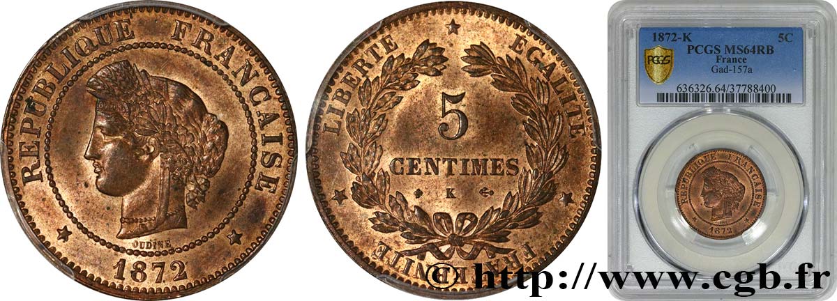 5 centimes Cérès 1872 Bordeaux F.118/6 SPL64 PCGS