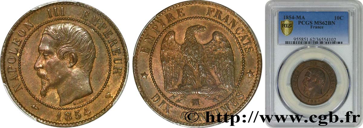 Dix centimes Napoléon III, tête nue 1854 Marseille F.133/17 EBC62 PCGS