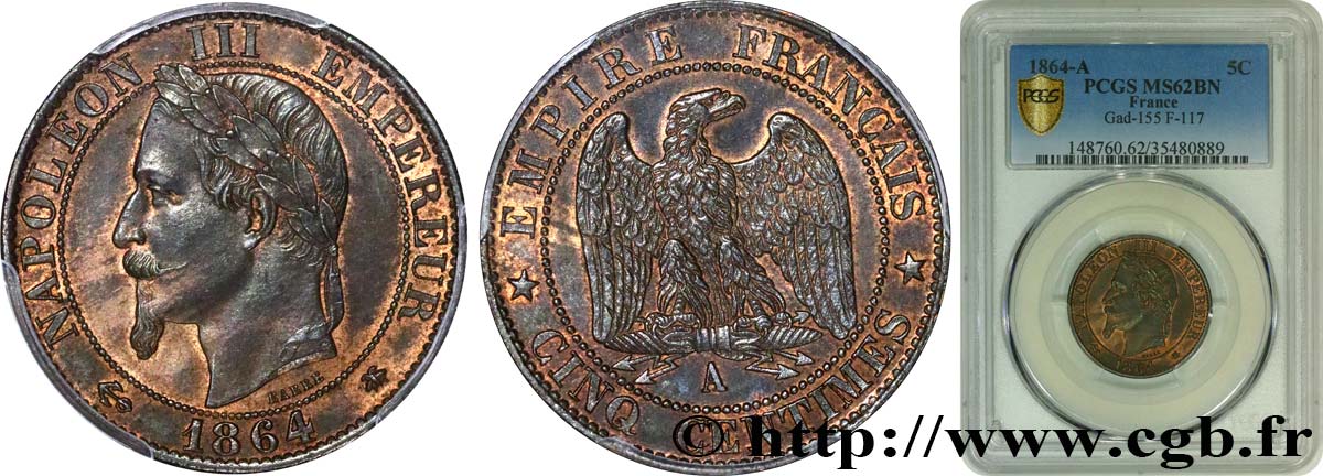 Cinq centimes Napoléon III, tête laurée 1864 Paris F.117/13 MS62 PCGS