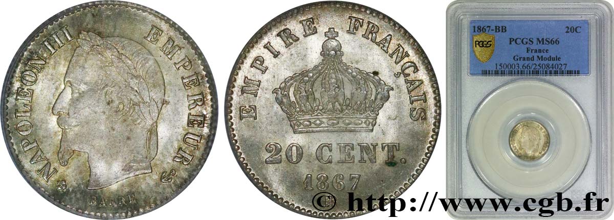 20 centimes Napoléon III, tête laurée, grand module 1867 Strasbourg F.150/2 MS66 PCGS