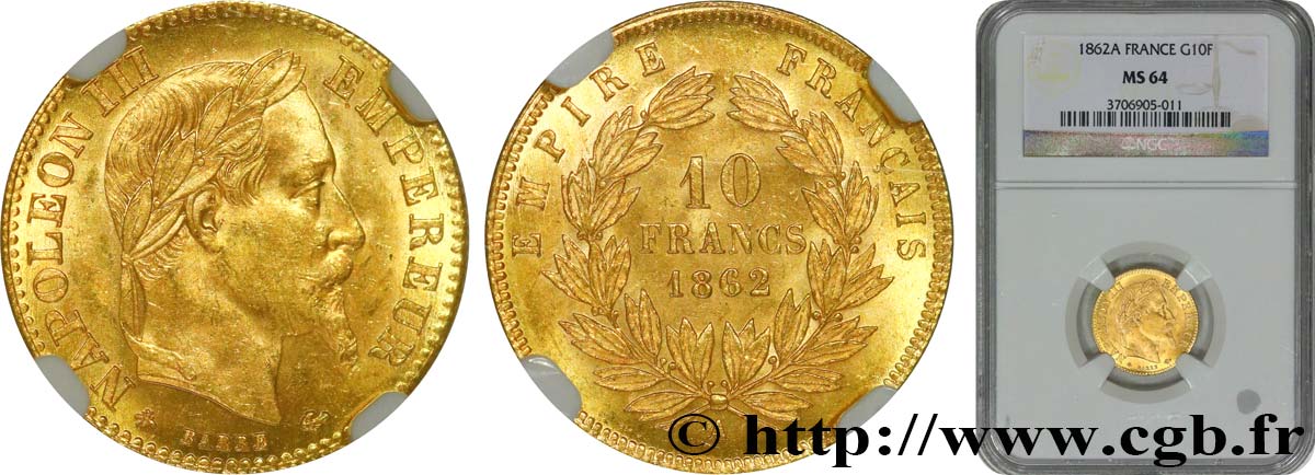 10 francs or Napoléon III, tête laurée, hybride à petit 10 1862 Paris F.507/1 SC64 NGC