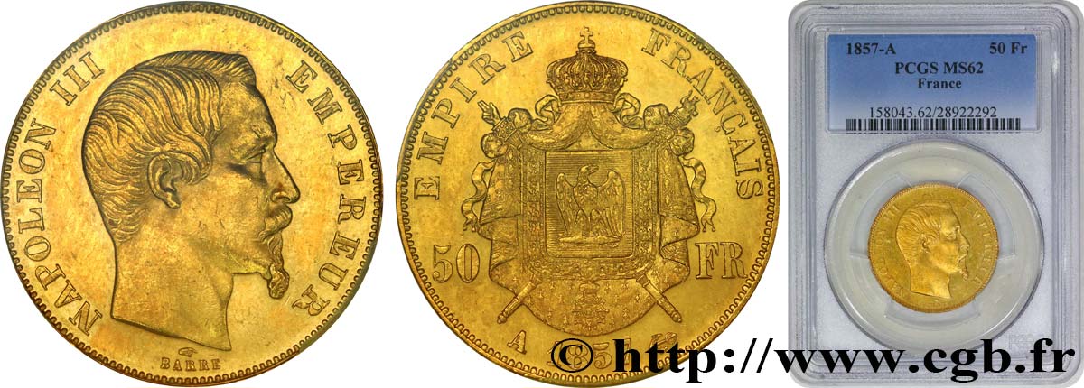 50 francs or Napoléon III, tête nue 1857 Paris F.547/4 SUP62 PCGS