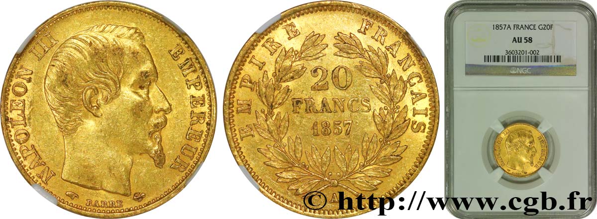 20 francs or Napoléon III, tête nue 1857 Paris F.531/12 EBC58 NGC