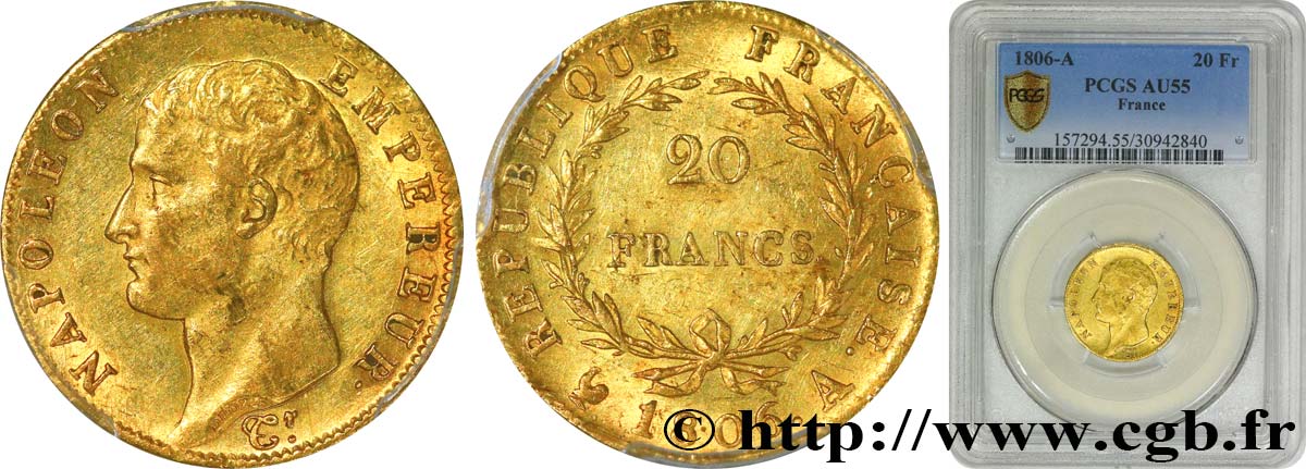20 francs or Napoléon tête nue, Calendrier grégorien 1806 Paris F.513/1 AU55 PCGS
