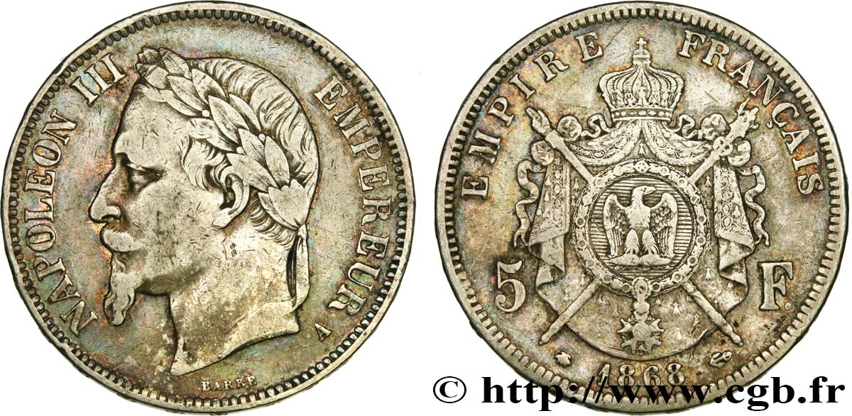5 francs Napoléon III, tête laurée 1868 Paris F.331/12 VF25 