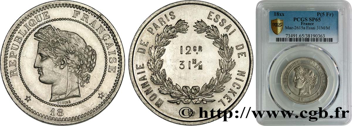 Concours de 5 francs, essai d’Oudiné (12 g / 31 mm) n.d. Paris GEM.141 2 MS65 PCGS
