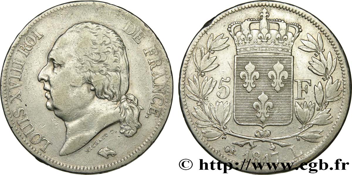 5 francs Louis XVIII, tête nue 1817 Bayonne F.309/22 VF 